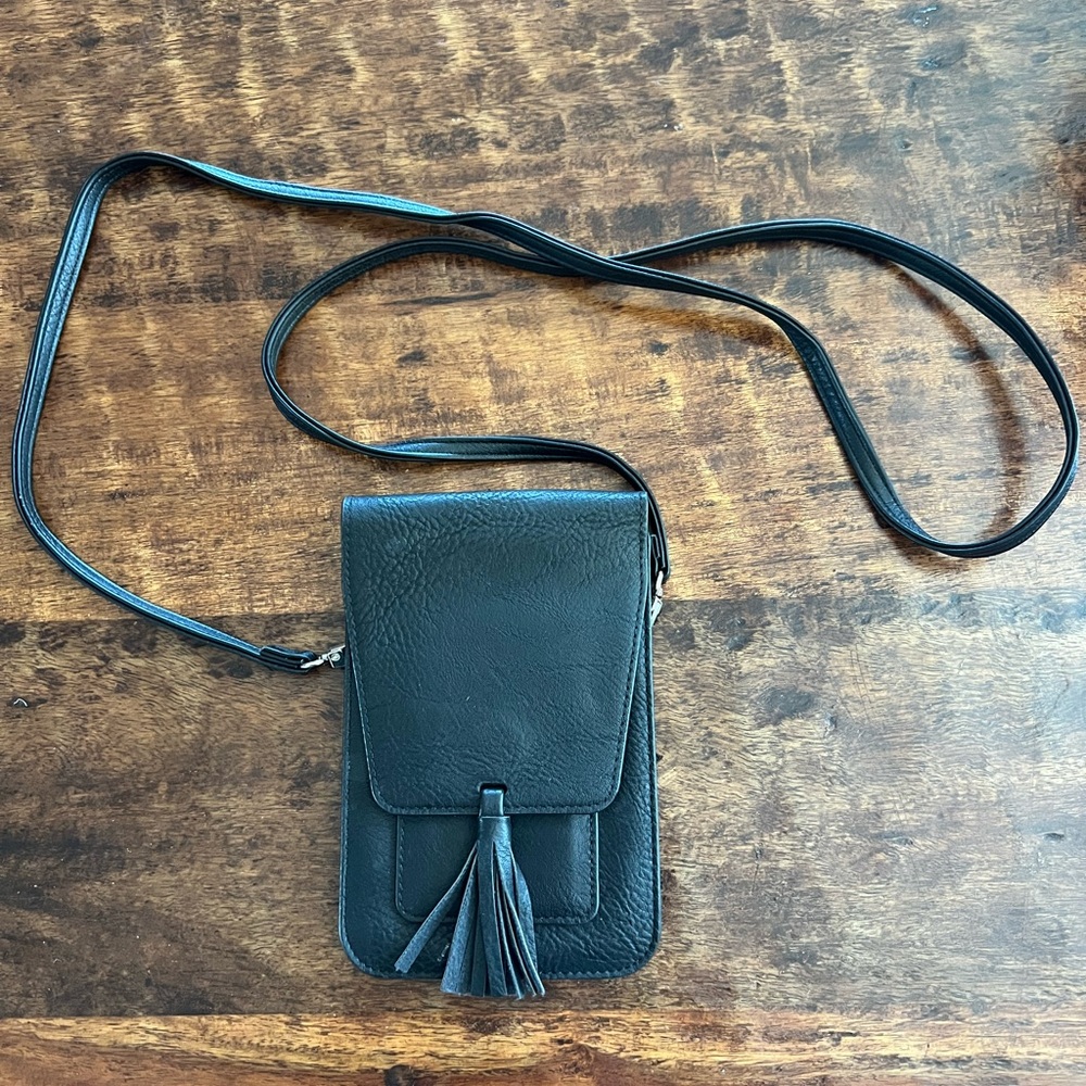 Oprah’s Favorite Black Leather Crossbody Phone Bag with Tassel